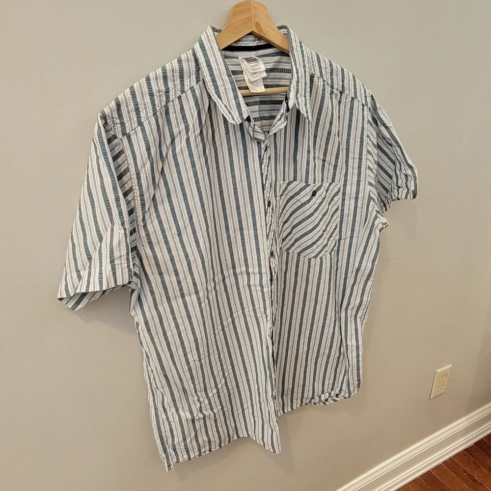 North Face Button Up Shirt Men's Size 2XL Blue White Striped Short Sleeve‎